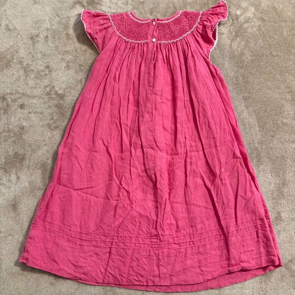 Anavini Girls Pink Hand Smocked Linen Dress Floral Flutter Sleeve Size 5